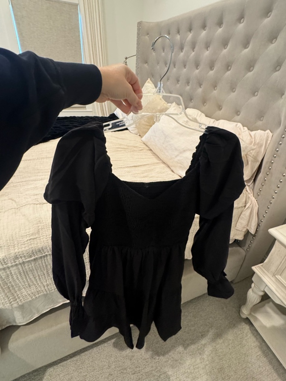 Black Puff Sleeve Smocked Mini Dress